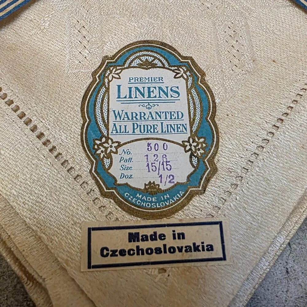 Antique Warranted Pure Linen 12 Napkins Czech Czechoslovakia w/ tags Vintage